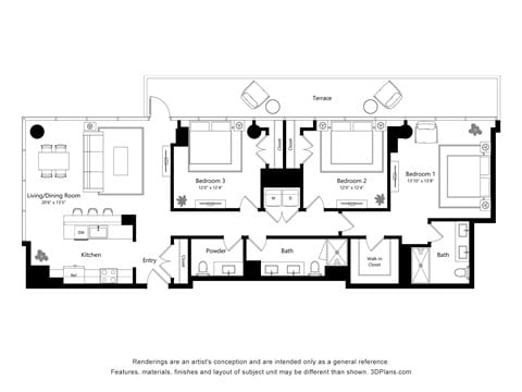 Floor plan for 3 beds, 2.5 baths, 1519 sqft
